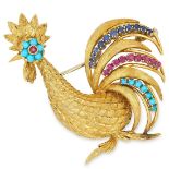 A VINTAGE RUBY, SAPPHIRE AND TURQUOISE COCKEREL BROOCH set with cabochon turquoise, round cut rubies