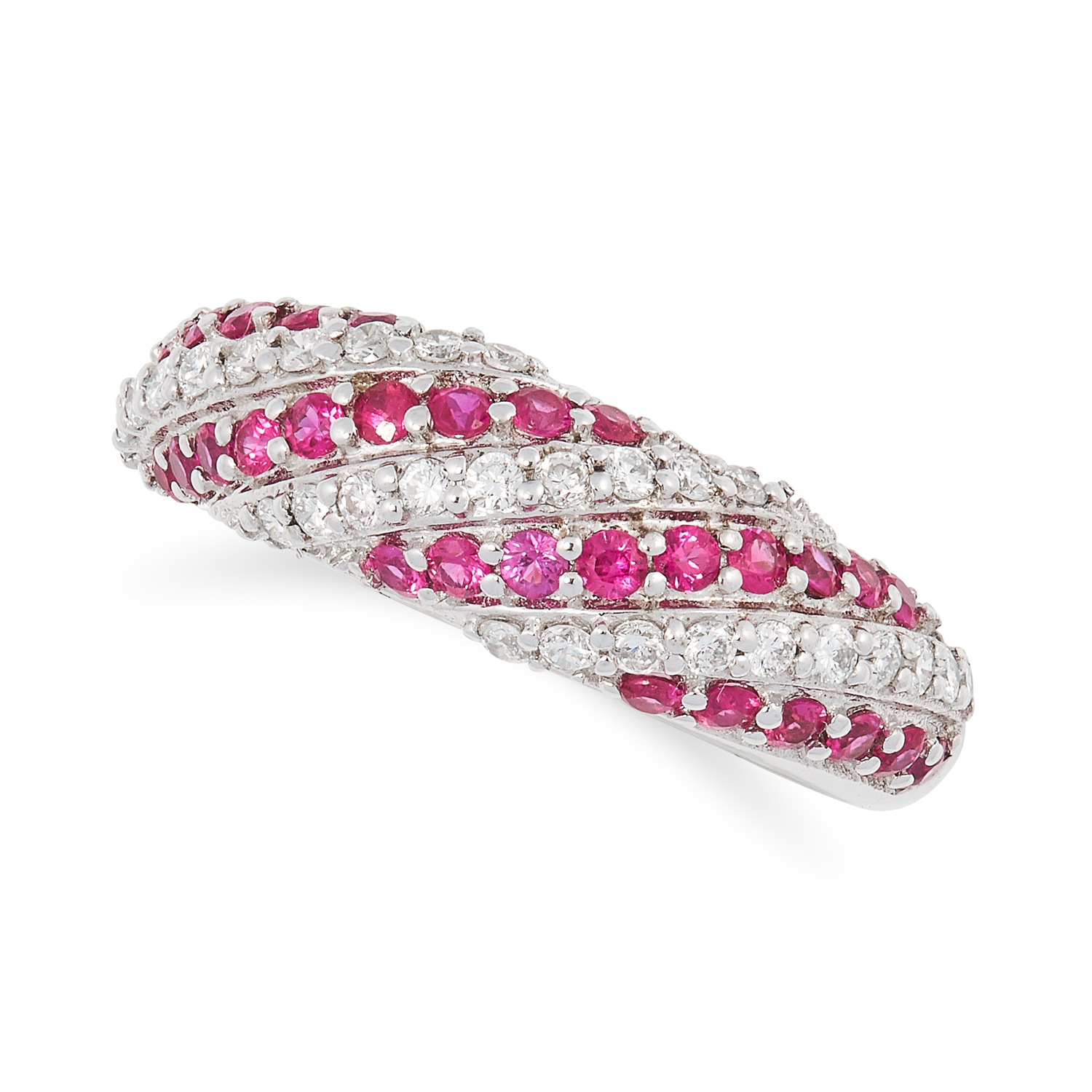 A RUBY AND DIAMOND BOMBE RING set with alternating rows or round cut rubies and round cut