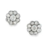 A PAIR OF ANTIQUE DIAMOND CLUSTER EARRINGS in white gold, set with clusters of old round cut