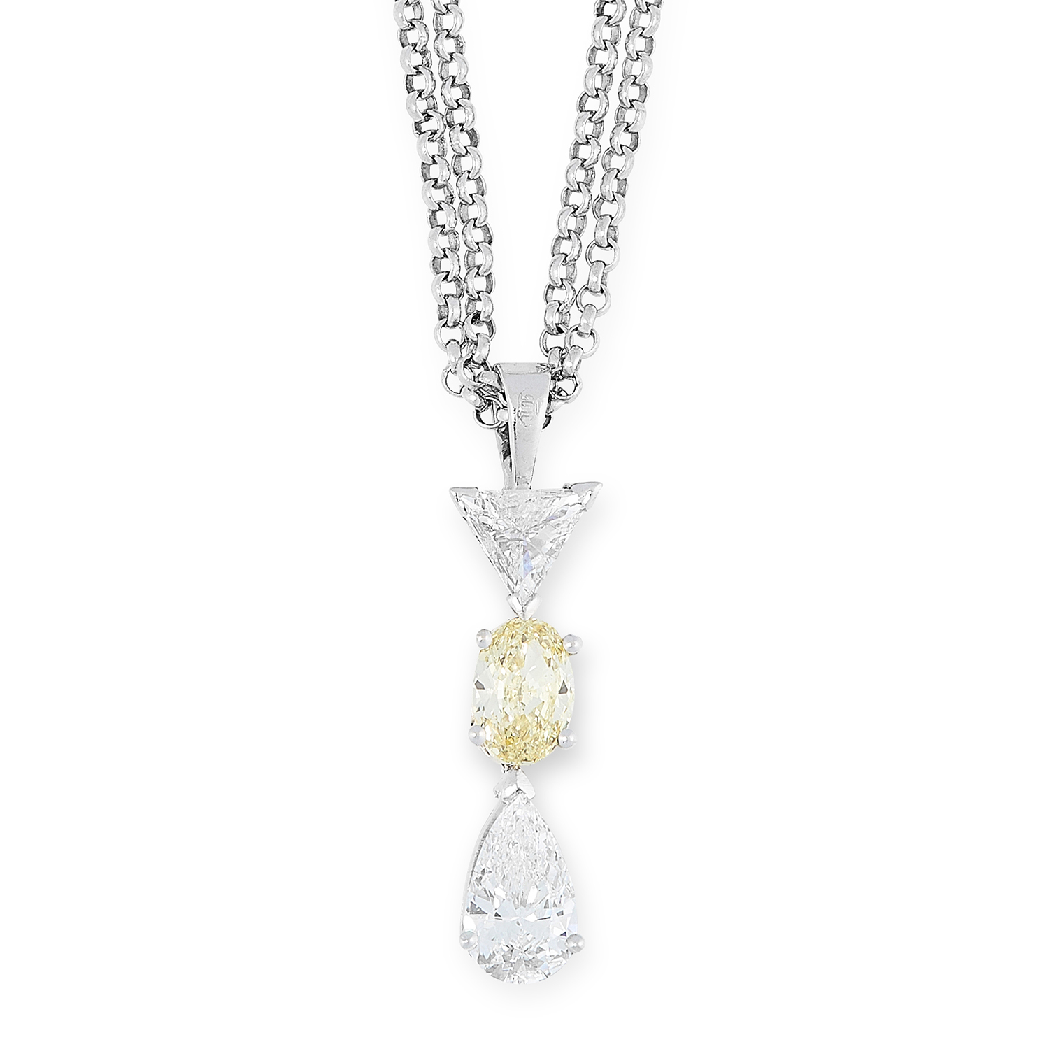 A FANCY YELLOW AND WHITE DIAMOND PENDANT, CHAIN AND EARRINGS SUITE the pendant set with a pear cut