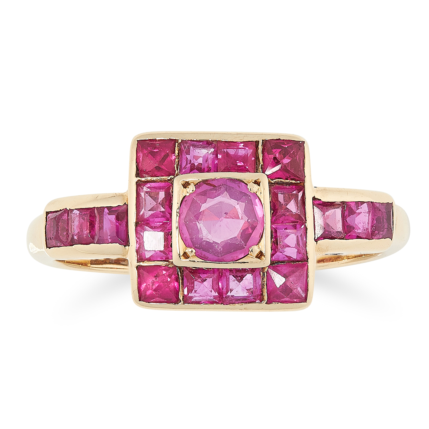 A RUBY CLUSTER DRESS RING, CIRCA 1950 in 18ct yellow gold, set with a central round cut ruby