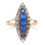 AN ANTIQUE SAPPHIRE AND DIAMOND CLUSTER RING in marquise form set with five gradated oval cut