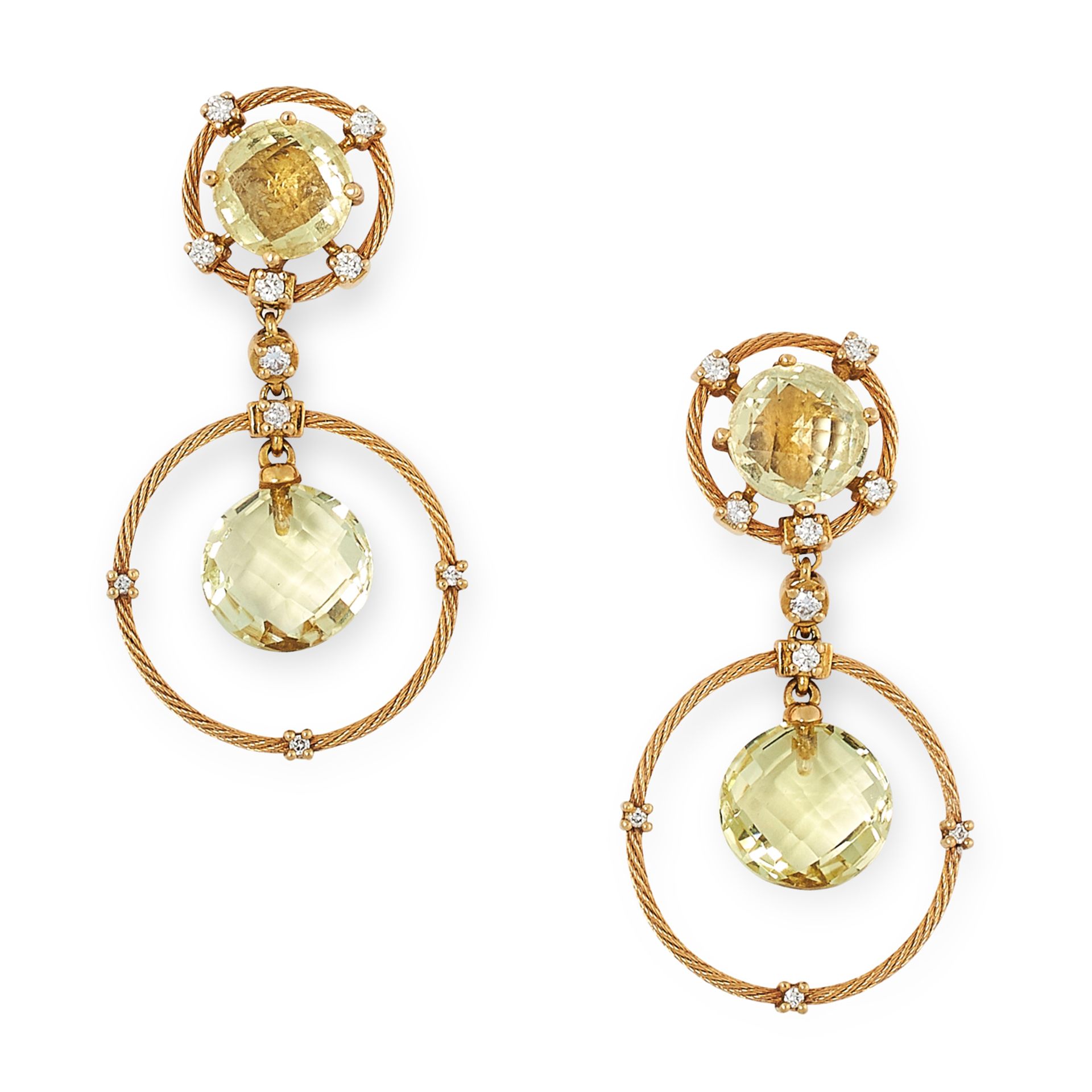 A PAIR OF CITRINE AND DIAMOND EARRINGS, MORELLI in 18ct yellow gold, each comprising of a faceted