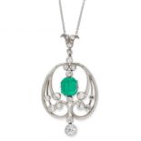 AN ART NOUVEAU EMERALD AND DIAMOND PENDANT in yellow gold and silver, set with a central emerald cut