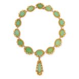 AN ANTIQUE PASTE NECKLACE in pinchbeck, set with oval cut and pear cut green paste in ornate