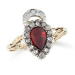 AN ANTIQUE GARNET AND DIAMOND RING comprising of a cabochon garnet in a border of rose cut