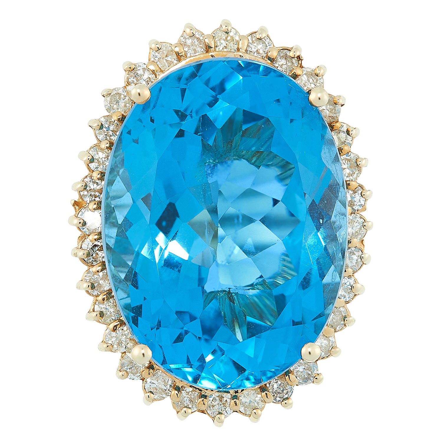 A TOPAZ AND DIAMOND CLUSTER RING set with an oval cut topaz of 27.8 carats, in a border of round cut