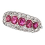 A RUBY AND DIAMOND RING in platinum, set with five cushion cut rubies in a border of old cut