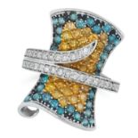 A COLOURED DIAMOND RING in white gold, in abstract design, set with round cut white, blue and yellow
