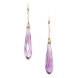 A PAIR OF ANTIQUE AMETHYST DROP EARRINGS in yellow gold, each designed as an elongated briolette cut