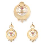 AN ANTIQUE RUBY EARRING AND BROOCH / PENDANT SUITE in 18ct yellow gold, in Art Nouveau design each