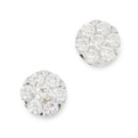 A PAIR OF DIAMOND CLUSTER STUD EARRINGS each of circular design, set with a cluster of round cut