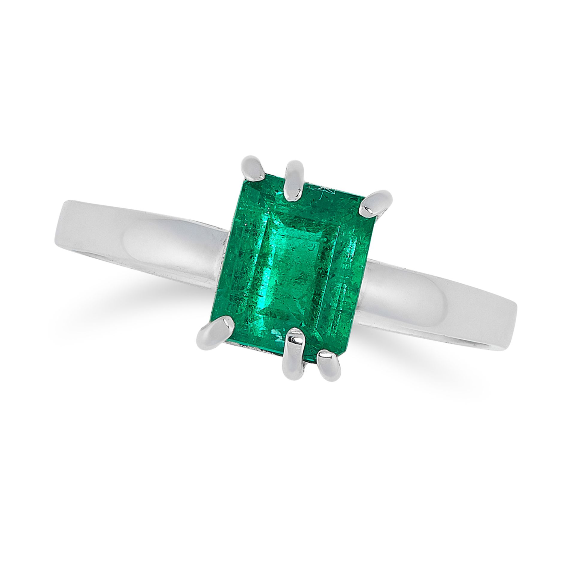 A COLOMBIAN EMERALD RING in 18ct white gold, set with a single emerald cut emerald of carats,