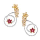 A PAIR OF DIAMOND AND RUBY EARRINGS in 18ct gold, in open floral design set with round and rose