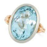 A VINTAGE AQUAMARINE DRESS RING set with an oval cut aquamarine of 6.77 carats, size P / 7.5, 7.7g.