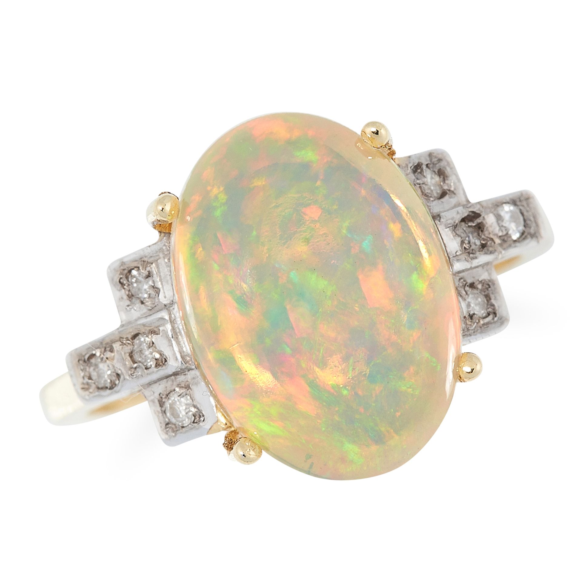 AN OPAL AND DIAMOND DRESS RING set with a cabochon opal between round cut diamonds, British