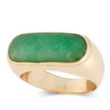 A JADEITE JADE DRESS RING set with an elongated polished jade cabochon, tests as 14ct yellow gold,