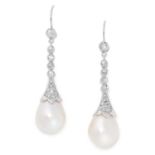 A PAIR OF PINK PEARL AND DIAMOND EARRINGS in 18ct white gold, set with round cut diamonds,