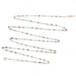 AN ANTIQUE EMERALD, RUBY AND PEARL SAUTOIR CHAIN NECKLACE in yellow gold, set with emerald beads,