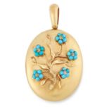 AN ANTIQUE TURQUOISE AND DIAMOND FORGET ME NOT MOURNING LOCKET, 19TH CENTURY in high carat yellow