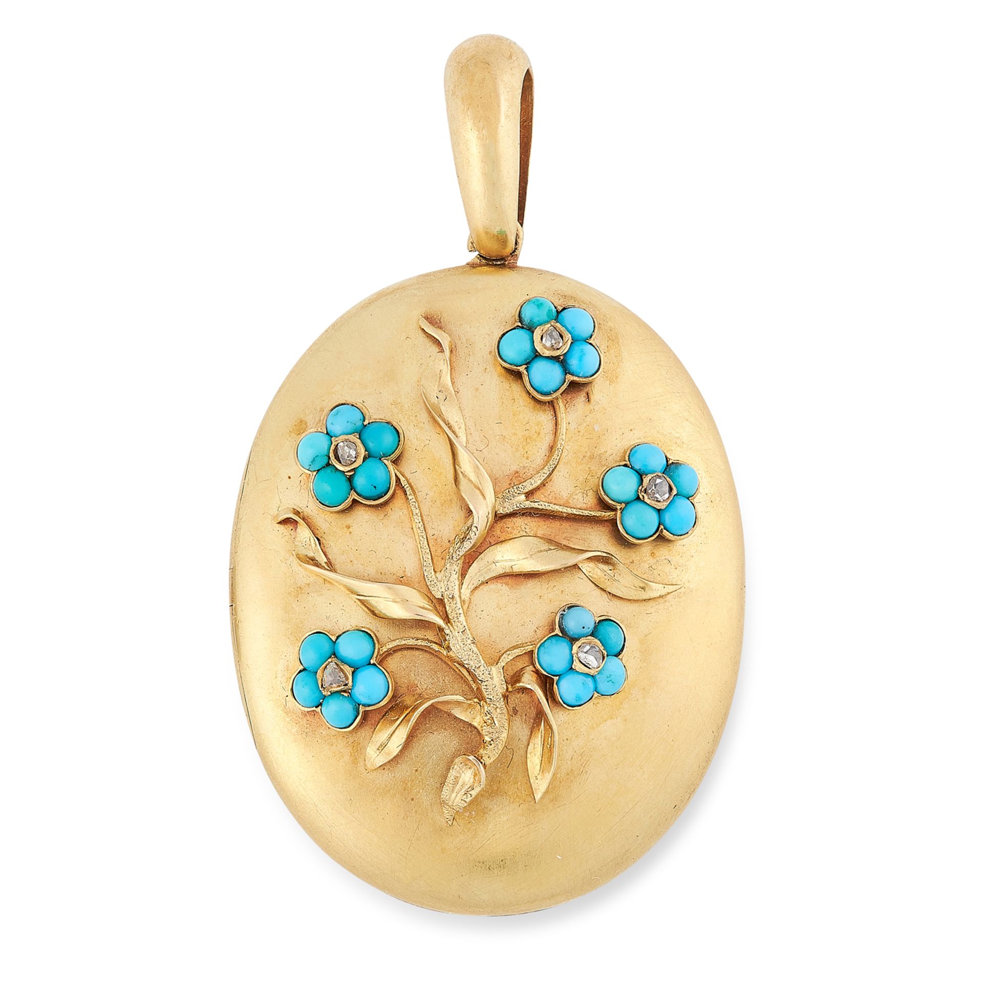 AN ANTIQUE TURQUOISE AND DIAMOND FORGET ME NOT MOURNING LOCKET, 19TH CENTURY in high carat yellow