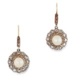 A PAIR OF ANTIQUE PEARL AND DIAMOND EARRINGS each comprising of a pearl in a cluster of rose cut