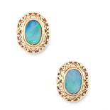 A PAIR OF OPAL EARRINGS in yellow gold, comprising of an opal cabochon in an ornate gold border, 1.