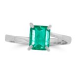 A COLOMBIAN EMERALD RING set with a single emerald cut emerald of 1.16 carats, within a twisted