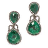 A PAIR OF EMERALD AND DIAMOND EARRINGS each set with two faceted emerald slices in a border of round