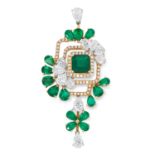 AN EMERALD AND DIAMOND PENDANT in 18ct yellow and white gold, the open framework is set with round