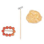 THREE ANTIQUE BROOCHES AND AN ANTIQUE DIAMOND TIE PIN in yellow gold, comprising of an antique coral