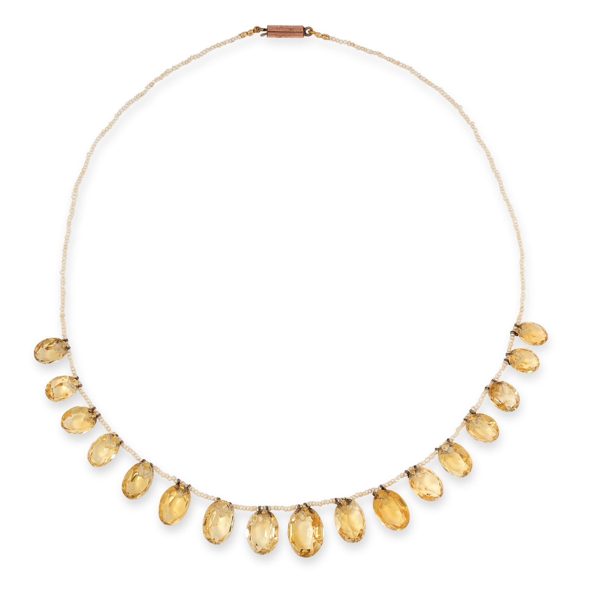 AN ANTIQUE CITRINE AND PEARL NECKLACE, 19TH CENTURY comprising of a single row of seed pearls