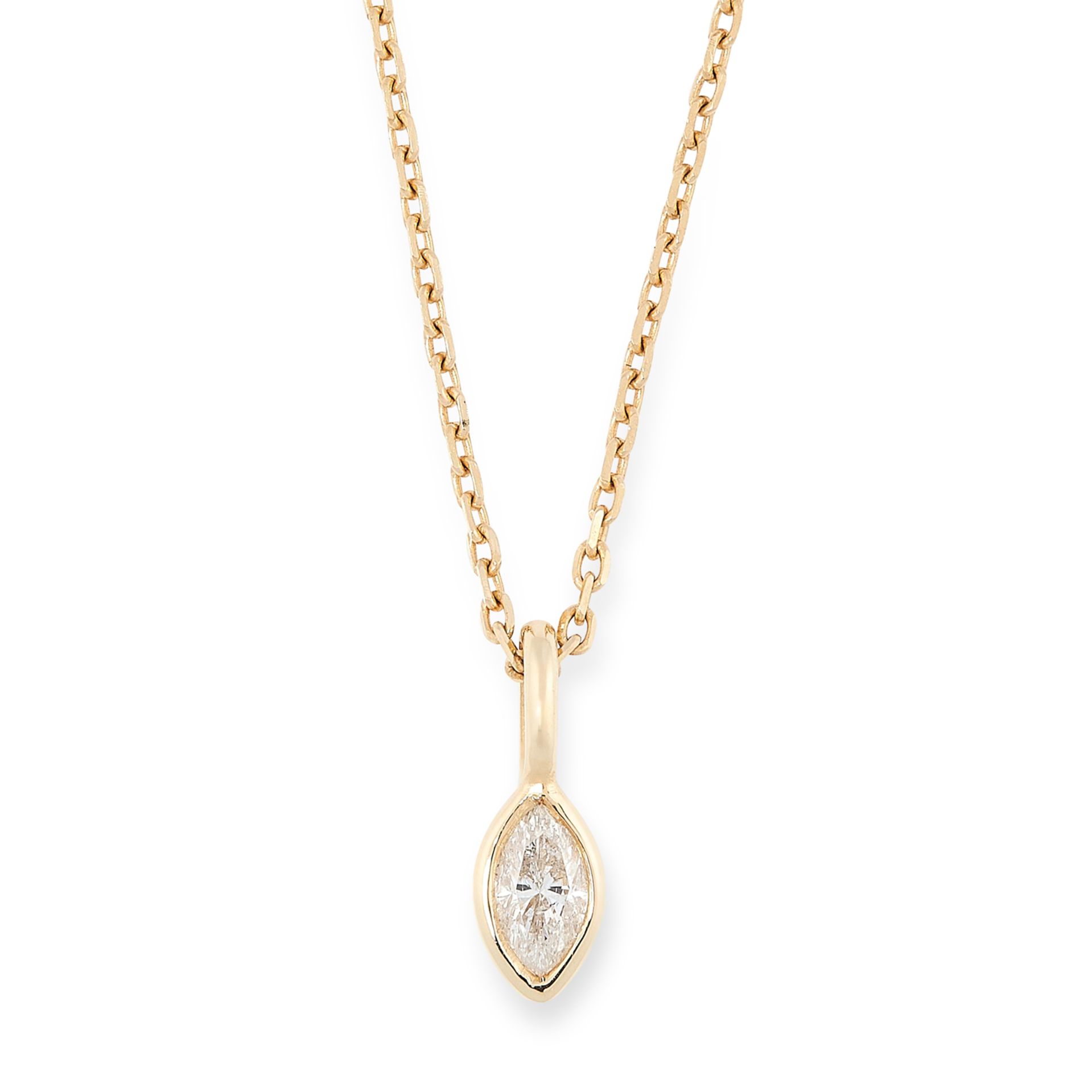 A DIAMOND PENDANT AND CHAIN in yellow gold, set with a marquise cut diamonds of 0.12 carats, 43cm,