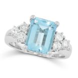 AN AQUAMARINE AND DIAMOND RING set with a step cut aquamarine of 1.91 carats between round cut