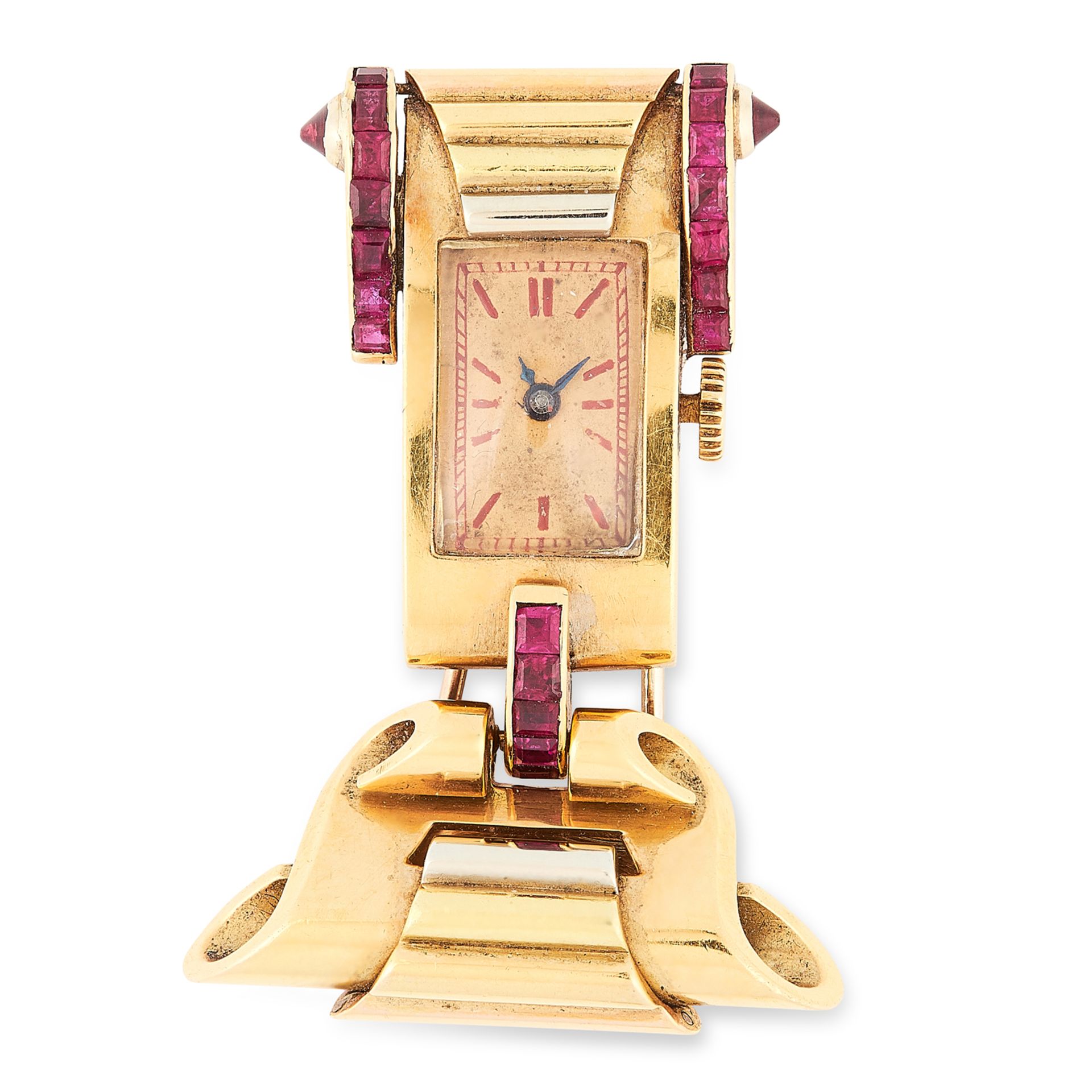 AN ANTIQUE RUBY LAPEL WATCH BROOCH, CIRCA 1940 in 18ct yellow gold, in Art Deco design set with step