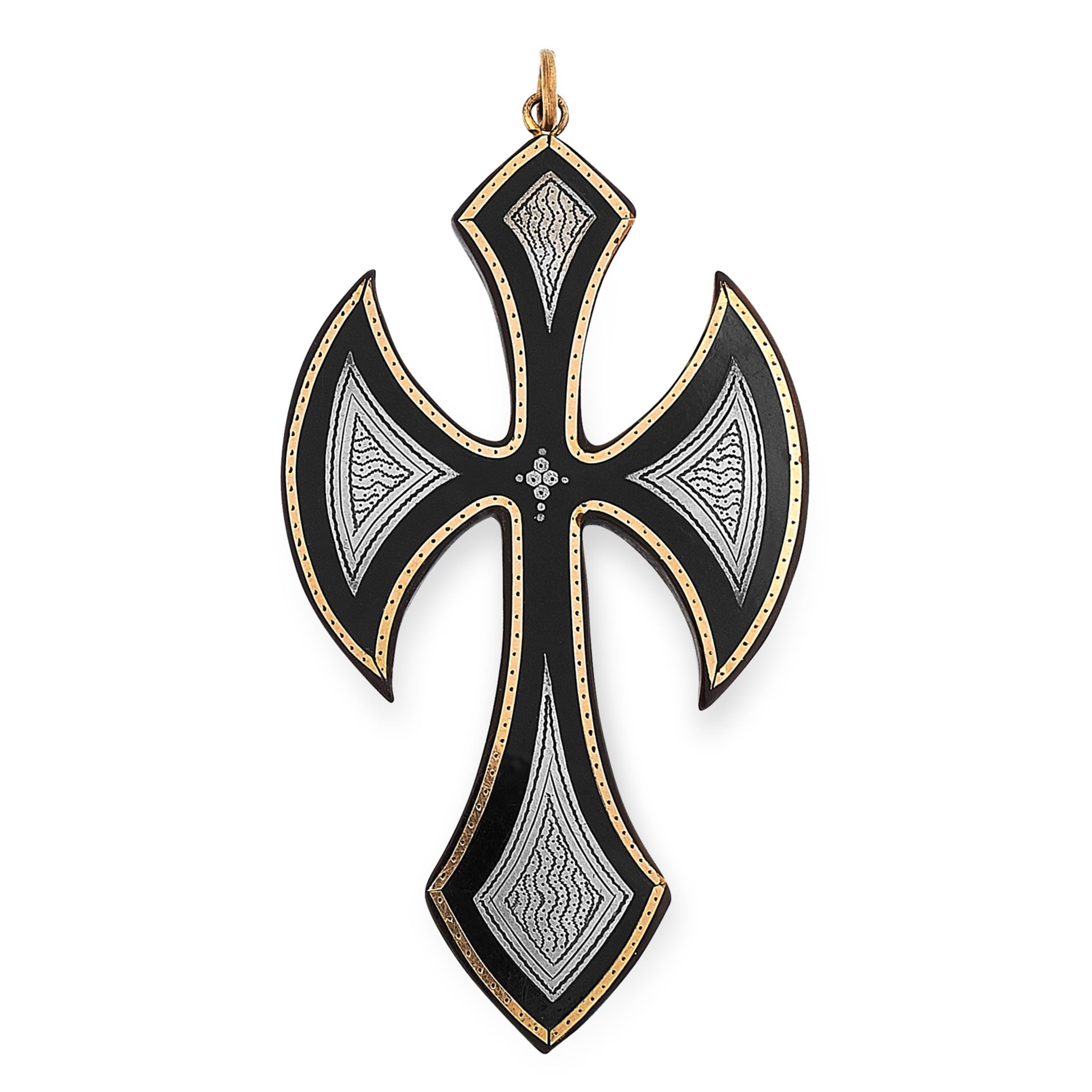 AN ANTIQUE TORTOISESHELL PIQUE CROSS PENDANT, 19TH CENTURY in yellow gold and silver, designed as