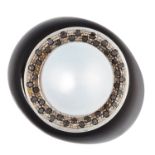 A PEARL, ONYX AND BLACK DIAMOND comprising of a polished onyx shank set with a central pearl of 15.