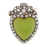 AN ANTIQUE HARDSTONE AND DIAMOND SWEETHEART BROOCH / PENDANT set with a polished green hardstone