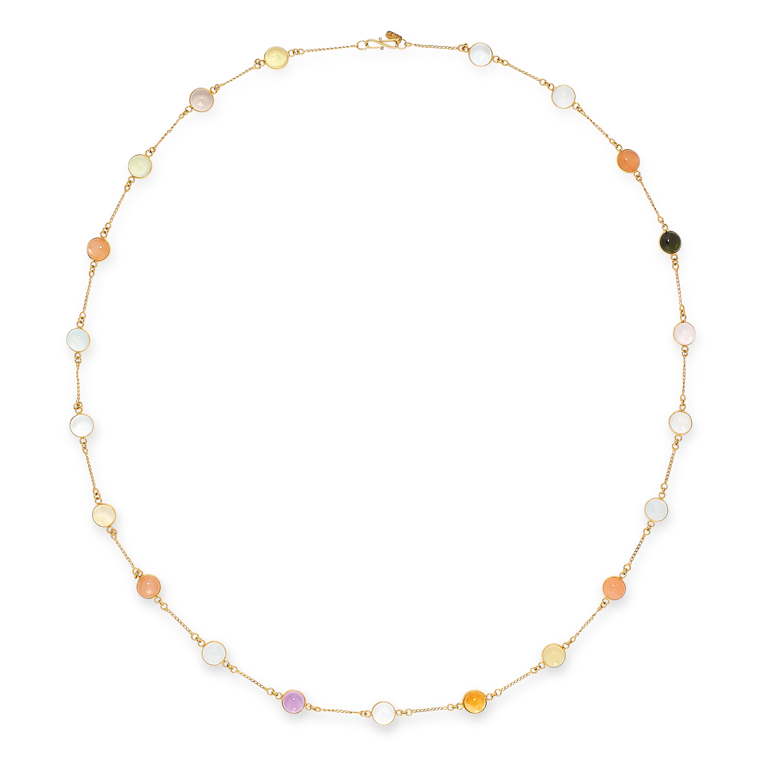 A MULTICOLOURED GEMSTONE NECKLACE set with round cabochon green tourmaline, amethyst, citrine,