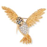 A VINTAGE SAPPHIRE AND DIAMOND HUMMINGBIRD BROOCH, CIRCA 1960 in high carat yellow gold, designed as