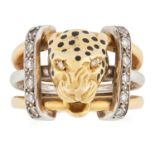 A DIAMOND AND ENAMEL PANTHER RING, SCHWARTZ in 18ct yellow gold and platinum, the trifurcated band