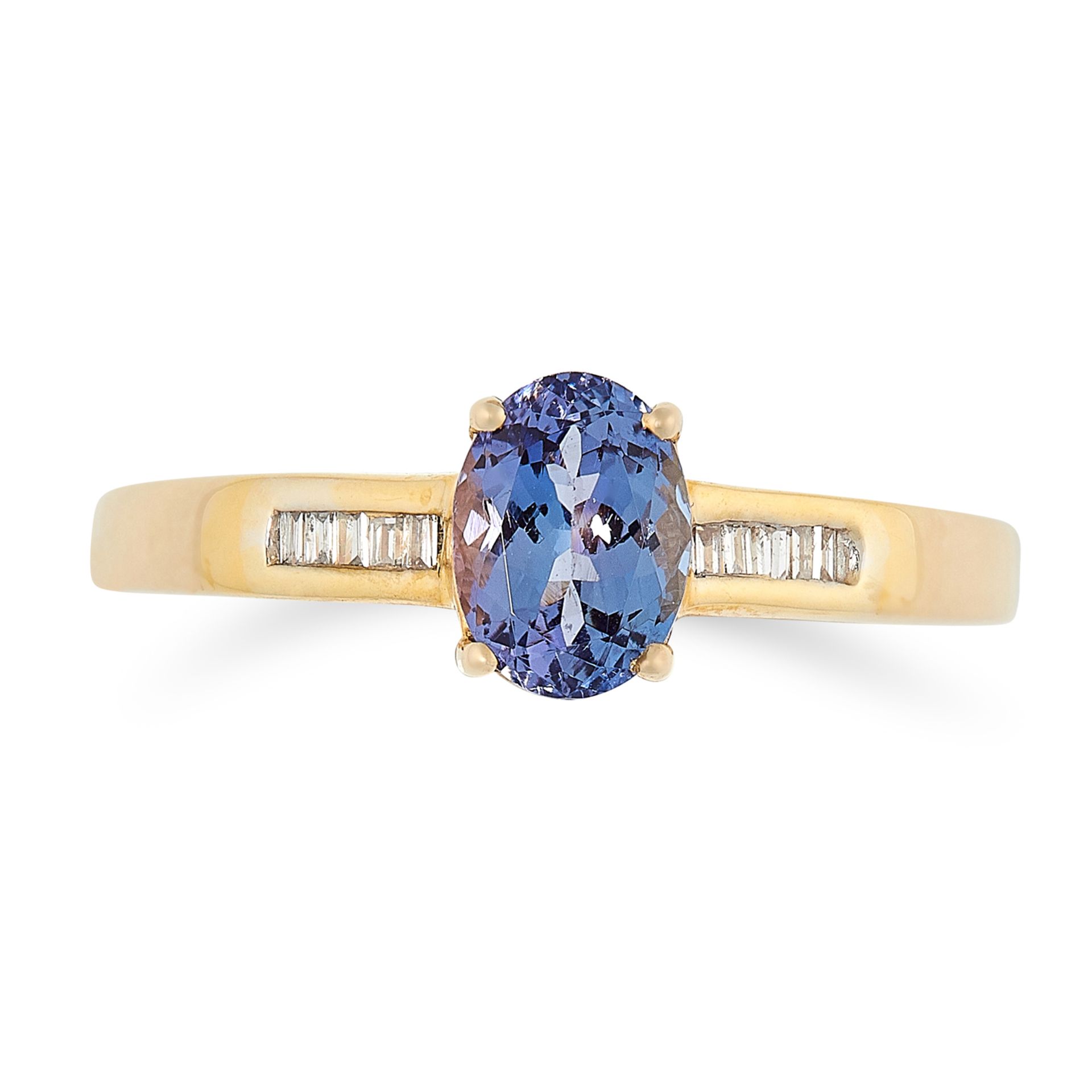 A SET OF THREE GEMSET DRESS RINGS one is set with an oval cut tanzanite between a row of baguette