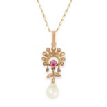 A PEARL, DIAMOND AND RUBY PENDANT AND CHAIN in foliate design, set with a round cut ruby, rose cut