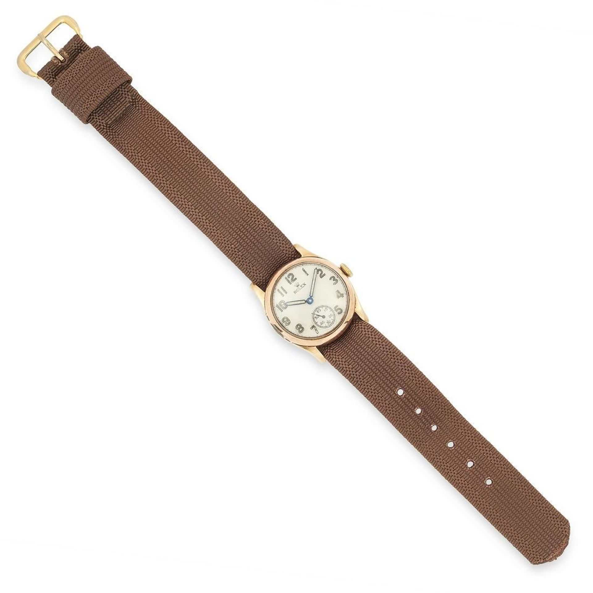 A LADIES WRISTWATCH, ROLEX with a gold bezel and brown fabric strap, 22.5cm, 22.7g.