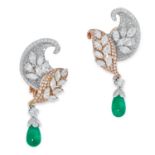 A PAIR OF EMERALD AND DIAMOND EARRINGS in 18ct white and rose gold, in scrolling leaf design set