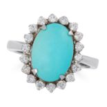 A TURQUOISE AND DIAMOND EARRING AND RING SUITE each set with an oval cabochon turquoise in a cluster