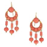 A PAIR OF ANTIQUE CORAL EARRINGS in high carat yellow gold, comprised of a crescent moon set with