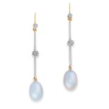 A PAIR OF PEARL AND DIAMOND DROP EARRINGS, EARLY 20TH CENTURY in high carat yellow gold, each set