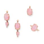 A GEMSET SUITE set with cabochon pink opal simulant, comprising of a ring, a pair of earrings and