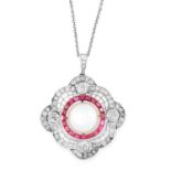 AN ANTIQUE PEARL, RUBY AND DIAMOND PENDANT the open framework is set with a pearl in a border of